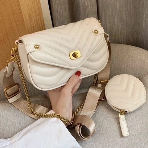 Sac Bandoulière Matelassé En V Pour Femmes En Cuir PU Chaîne Sac À Épaule Avec Petit Porte-Monnaie Rond Et Doubles Bretelles Chic Tendance