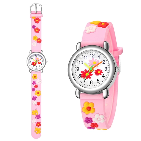Kids Watch Cute Cartoon 3D Flower Embossed Design Plastic Strap Quartz Analog Wristwatch For Girls