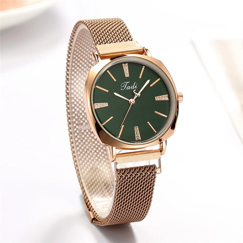 Fashion Women Quartz Watch Rhinestone Inlay Alloy Case Minimalist Milanese Mesh Stainless Steel Magnetic Strap Wristwatch