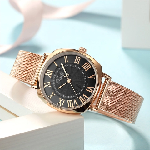Elegant Women Quartz Watch Alloy Case Stainless Steel Mesh Strap Roman Numeral Dial Minimalist Fashion Analog Wristwatch