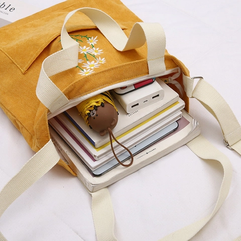 Daisy Embroidery Corduroy Tote Bag Floral Shoulder Crossbody Bag With Adjustable Strap Casual Zip Handbag For Women