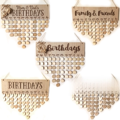 Family Birthday Reminder Calendar Wooden Hanging Wall Board Heart Round Tags Home Decor Rustic Anniversary Gift