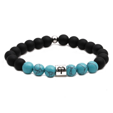 Sterrenbeeld Armband Mat Zwarte Steen Blauw Turkoois Legering Dierenriemteken Elastische Kralen Sieraden Cadeau Man