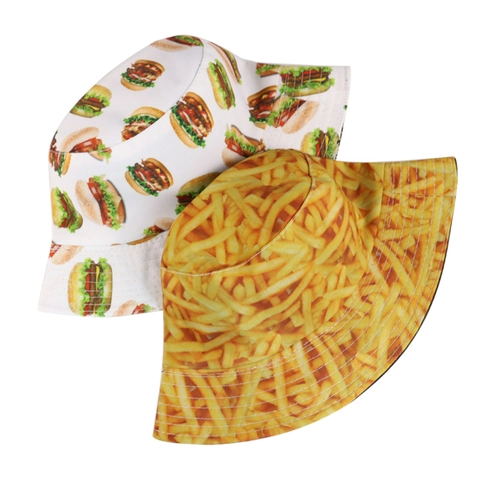 Omkeerbare Vissershoed Polyester Voedselprint Hamburger Frites Pizza Patroon Buiten Zonnehoed Unisex Casual
