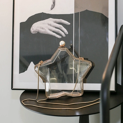 Transparente Sternförmige Acryl Abendtasche Mit Goldener Metallrahmen Künstliche Perlenverschluss Und Kette