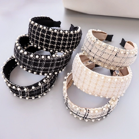 Vintage Tweed Plaid Knotted Headband With Faux Artificial Pearl Elegant Wide Brim Fabric Hair Band Retro French Style For Women