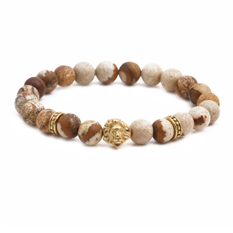 Bracciale Di Perline Testa Di Leone Pietra Naturale Acciaio Inossidabile Gioielli Punk Hip Hop Da Uomo