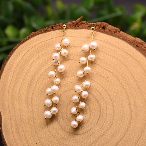 Boucles D'oreilles Longues À Pompons En Süßwasserperles D'eau Douce Naturelles Fait Main Cuivre Plaqué Or Avec Tige En Argent 925