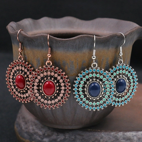 Vintage Bohemian Geometric Round Hollow Drop Earrings Alloy With Synthetic Stone And Iron Earring Post Ethnic Style