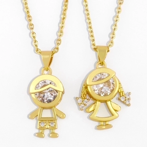 Collana Con Ciondolo Ragazzo E Ragazza Carino Rame Placcato Oro 18K Zirconia Cubica Intarsiato Gioielli Regalo Per Donne
