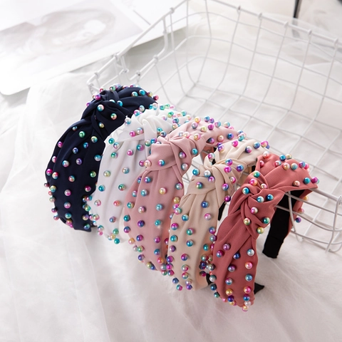 Rainbow Artificial Pearl Knotted Headband For Women Fabric Twist Knot Hair Hoop Elegant Sweet Fashion Hair Accessory
