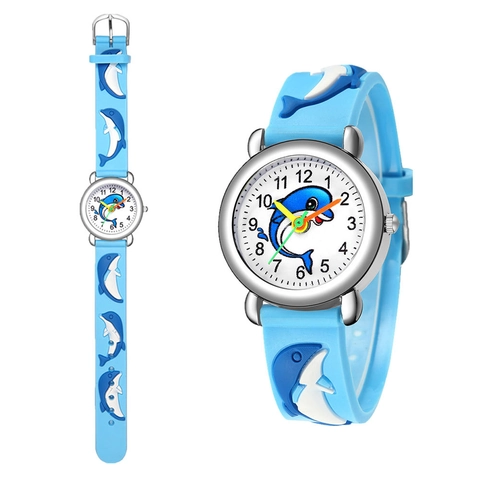 Cartoon Dolphin Quartz Watch For Children 3D Animal Pattern Silicon Strap Analog Dial Colorful Hands Casual Wristwatch Boys Girls Gift