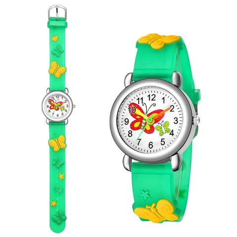 Kids Quartz Watch Butterfly Pattern Round Dial Glass Mirror Alloy Case 3D Embossed Silicone Strap Gift For Boys Girls