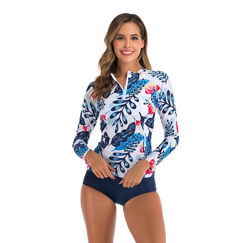 Women Long Sleeve Rash Guard Top And Bottom Swimsuit Floral Print Zip Front Surfing Bathing Suit Sun Protection Polyester
