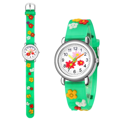 Kids Watch Cute Cartoon 3D Flower Embossed Design Plastic Strap Quartz Analog Wristwatch For Girls