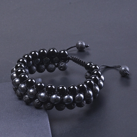 Natur Schwarz Achat Lavastein Hämatit Dreireihiges Perlenarmband Verstellbares Geflochtenes Seil Schmuck Herren Damen