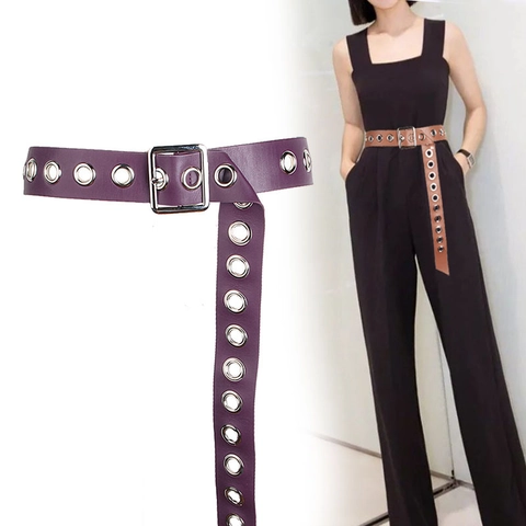 Damen Breitgürtel aus Kunstleder mit Metallösen und quadratischer Schnalle Modische Punk-Stil Taille für Kleid Mantel