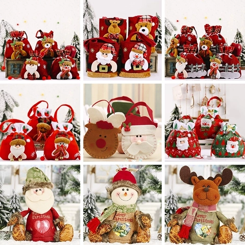 Christmas Gift Bags Linen Plush Cartoon Santa Snowman Reindeer Drawstring Candy Pouch Festive Holiday Party Supplies