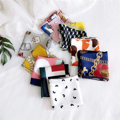 Women Satin Like Square Scarf Satin Printed Neck Scarf Hair Band Handbag Decoration Fashion Accessory