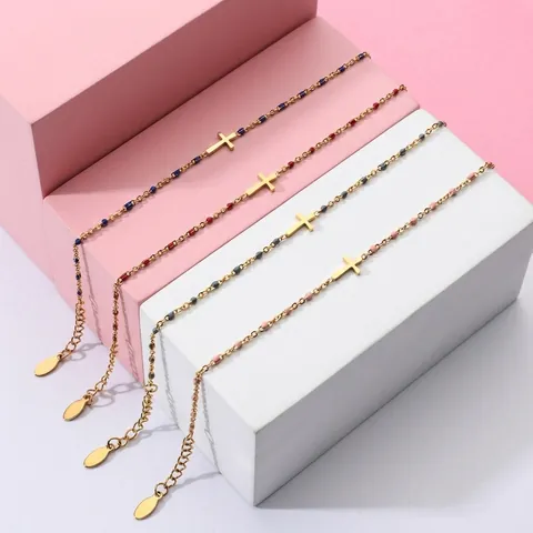 Stainless Steel Cross Pendant Bracelet With Colorful Enamel Beads Minimalist Religious Jewelry For Women Adjustable