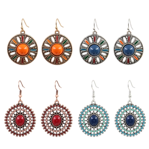 Vintage Bohemian Geometric Round Hollow Drop Earrings Alloy With Synthetic Stone And Iron Earring Post Ethnic Style