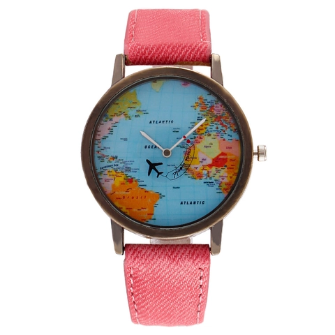 Vintage World Map Dial Quartz Watch With Airplane Hand Metal Case Denim Fabric Strap Fashion Creative Wristwatch For Men