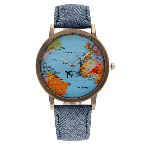 Vintage World Map Dial Quartz Watch With Airplane Hand Metal Case Denim Fabric Strap Fashion Creative Wristwatch For Men