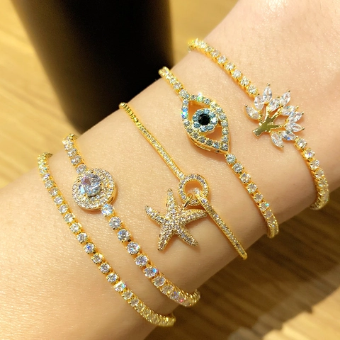 Bracciale Regolabile Rame Zircone Micro Pave Chiusura A Scorrimento Malocchio Stella Marina Albero Della Vita Gioielli Donna