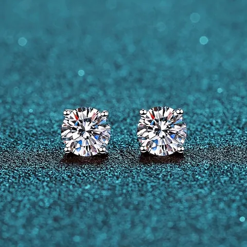 Round Cut Moissanite Zircon Stud Earrings With 925 Sterling Silver Earring Post Four-Prong Setting Sparkly For Women