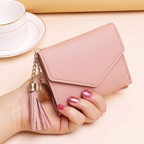 Women Wallet PU Leather Litchi Pattern Trifold Envelope Purse With Tassel Heart Pendant Multi Card Slots Student Handbag