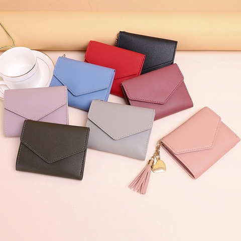 Women Wallet PU Leather Litchi Pattern Trifold Envelope Purse With Tassel Heart Pendant Multi Card Slots Student Handbag