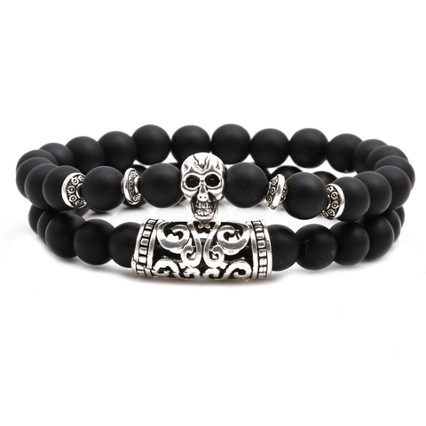 Retro Natural Stone Beaded Bracelet For Men Women Gothic Skull Lion Owl Elephant Buddha Head Charm Elastic Jewelry Gift