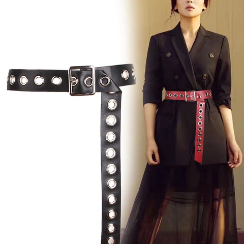 Damen Breitgürtel aus Kunstleder mit Metallösen und quadratischer Schnalle Modische Punk-Stil Taille für Kleid Mantel