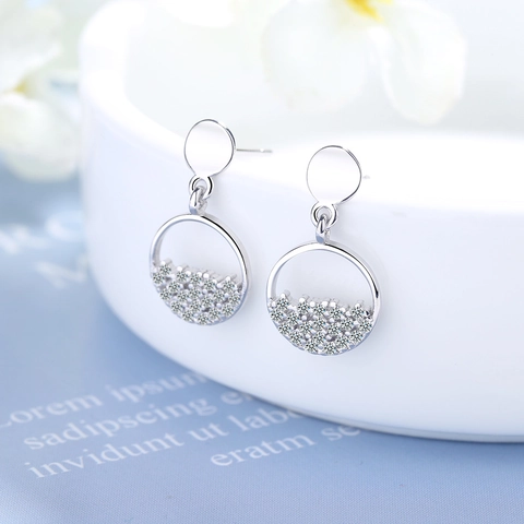 Women Fashion Round Geometric Copper Stud Earrings White Gold Plated Inlaid Rhinestone Temperament Jewelry Gift