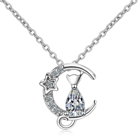 Cat Moon Pendant Necklace Copper With Cubic Zirconia Waterdrop Stone Sweet Animal Jewelry For Women