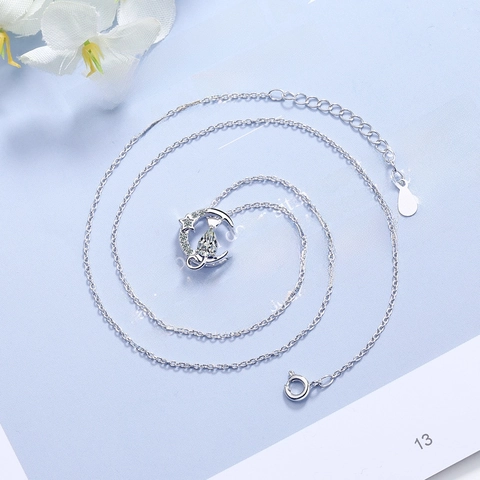 Cat Moon Pendant Necklace Copper With Cubic Zirconia Waterdrop Stone Sweet Animal Jewelry For Women