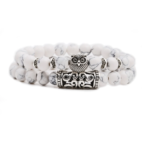 Vintage Witte Turkoois Kralen Armband Set Met Koperen Leeuwenkop Uil Boeddha Schedel Bedels Elastische Strand Armband Unisex Sieraden