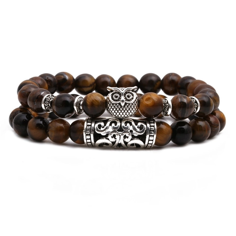 Natural Tigerauge Stein Perlenarmbänder Vintage Legierung Löwe Elefant Buddha Eule Anhänger Elastischer Yoga Schmuck