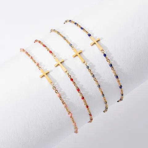 Stainless Steel Cross Pendant Bracelet With Colorful Enamel Beads Minimalist Religious Jewelry For Women Adjustable
