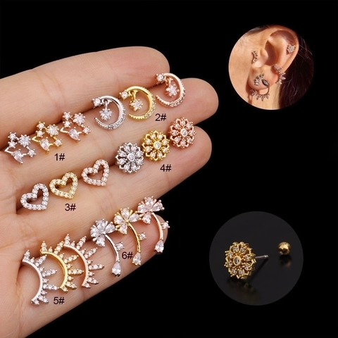 Oorkraakbeen Ringen Studs Roestvrij Staal Koper Met Zirkonia Schroefsluiting Ster Maan Hart Piercing