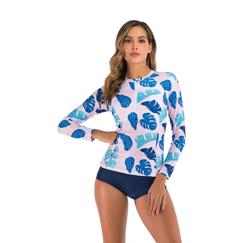 Women Long Sleeve Rash Guard Top And Bottom Swimsuit Floral Print Zip Front Surfing Bathing Suit Sun Protection Polyester