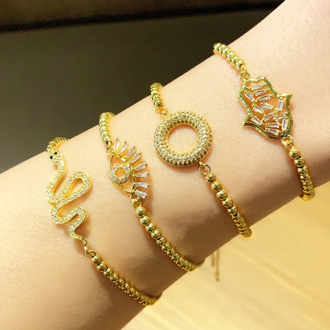 Verstelbare Armband Koper Micro Pave Zirkoon Slang Boze Oog Hamsa Hand Kralenketting Sieraden Voor Dames Mode Accessoire