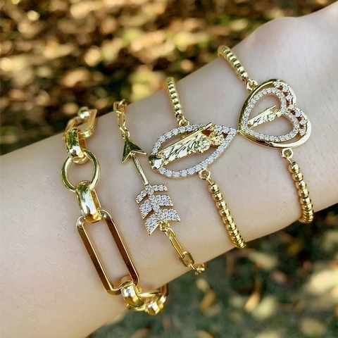 Bracciale In Rame Placcato Oro Da Donna Micro Zircone Intarsiato Cuore Freccia Ciondoli Religiosi Catena A Graffetta Minimalista