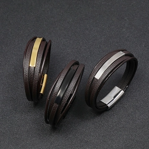 Mehrlagiges Geflochtenes Rindsleder Armband Mit Edelstahl Magnetverschluss Metallplatte Punk Retro Schmuck Für Herren
