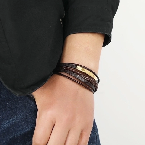 Bracciale In Pelle Intrecciata Multistrato Con Chiusura Magnetica In Acciaio Inossidabile Gioielli Di Moda Retrò Per Uomini