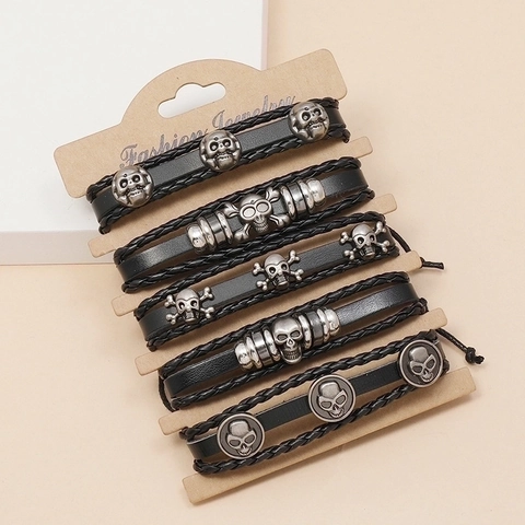 Skull Leather Bracelets Handmade Woven Cord Adjustable Punk Gothic Retro Jewelry Men Cowhide Metal Charms Multi Layer
