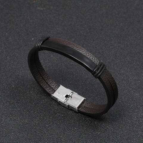 Men PU Leather Bracelet Stainless Steel Metal Plate Double Layer Minimalist Punk Vintage Bangle Jewelry Accessory