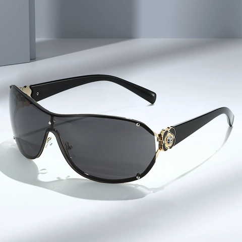 Gafas De Sol Escudo Sobredimensionadas Protección UV400 Montura Metal Decoración Flor Camelia Strass Lujo Mujer