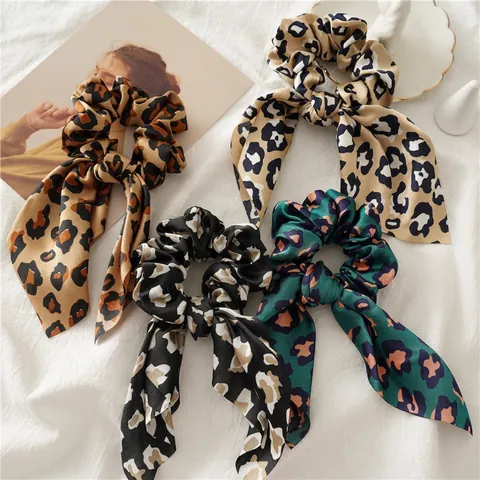 Leopard Print Satin Scrunchie With Long Ribbon Bow Elastic Hair Tie Fashion Headwear For Women Girls
