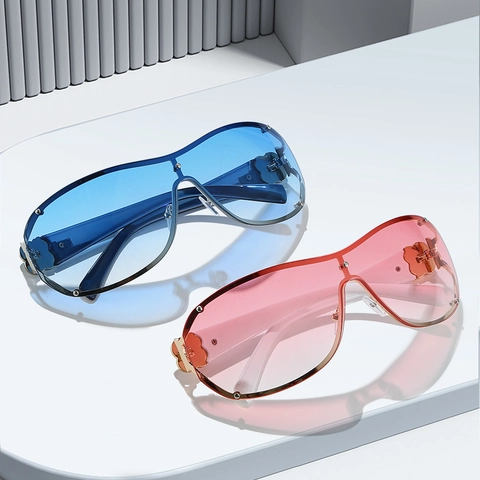 Gafas De Sol Escudo Sobredimensionadas Protección UV400 Montura Metal Decoración Flor Camelia Strass Lujo Mujer